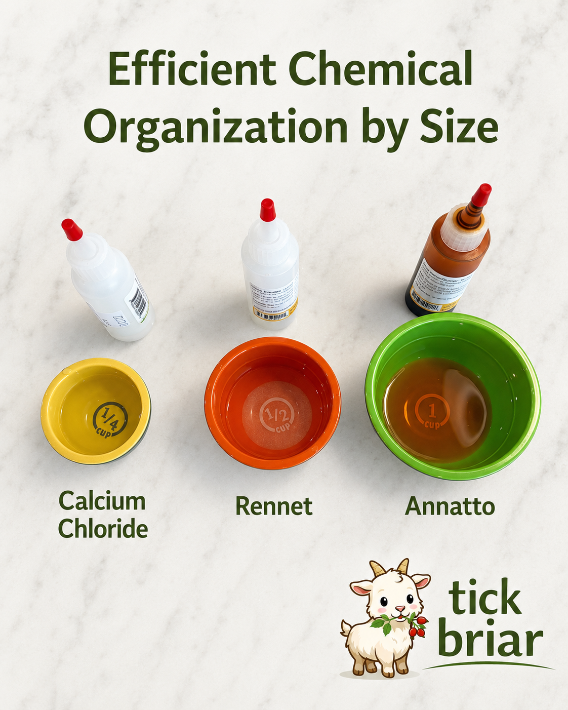 Measuring Bowls for Cheesemaking. Simple Organization for Rennet, Annatto, and Calcium Chloride.