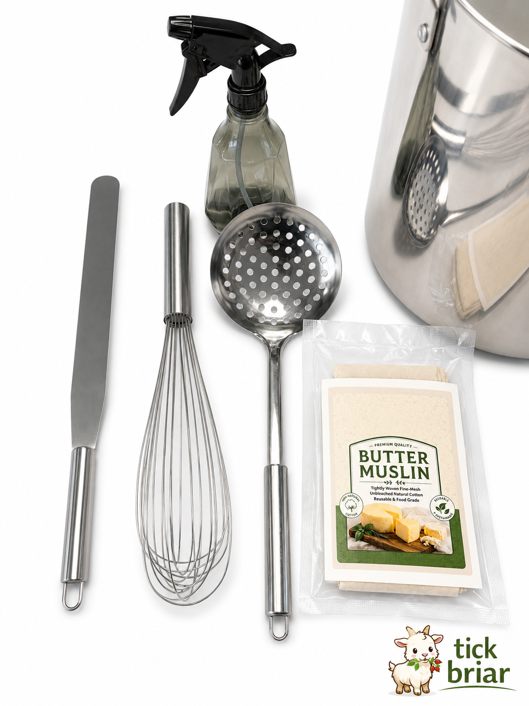 Cheesemaking Equipment Bundle, 20 QT Stainless Pot with Lid, Curd Knife, Whisk, Slotted Spoon, Butter Muslin, Spray Bottle
