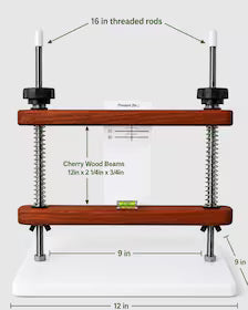Tickbriar Precision Cheese Press 16" threaded rods fit large molds and the base is 12 inches by 9 inches and fits molds 9 inches in diameter