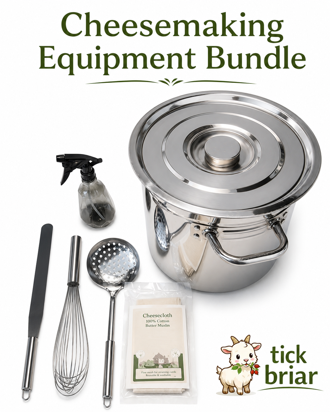 Cheesemaking Equipment Bundle, 20 QT Stainless Pot with Lid, Curd Knife, Whisk, Slotted Spoon, Butter Muslin, Spray Bottle
